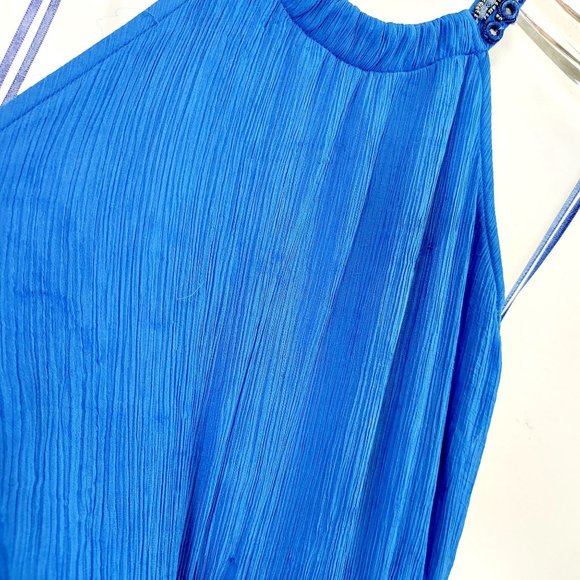 ZARA Dress Blue Mini SMALL Halter Beaded Open back Fit & Flare A-line Sparkle - Picture 6 of 10